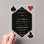 Art Deco Gatsby Las Vegas Casino Poker Wedding Acryl Uitnodigingen<br><div class="desc">Uniek Casino Royale en Great Gatsby thema kaart ontwerp. Het beschikt over faux gold fleur-de-lis, art deco stijl, Roaring 20's oude Hollywood, speelkaarten pakken. Speciale bewoordingen worden gebruikt als in poker spel. Op de rug faux goud Art Deco patroon, initialen en een paar dobbelstenen. Gebruik de tool Personaliseren om uw...</div>