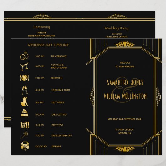 Art Deco Gatsby Modern Folded Wedding Chronologie (Voorkant / Achterkant)