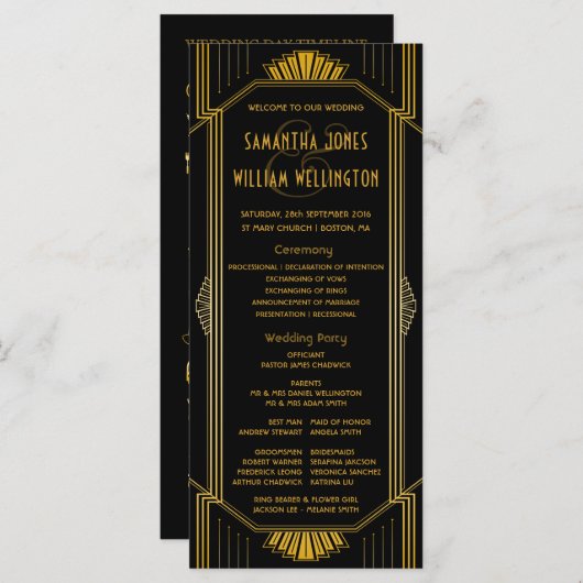 Art Deco Gatsby Modern Wedding Tijdlijn Programmakaart (Voorkant / Achterkant)