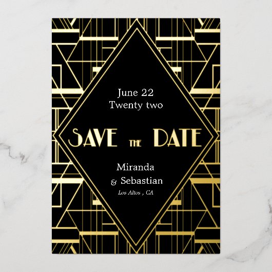 Art Deco Gatsby Opslaan Datum Folie Uitnodiging (Voorkant)