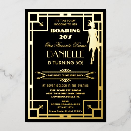 Art Deco Gatsby Roaring 20s 30th Birthday Real Folie Uitnodiging (Voorkant)