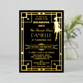 Art Deco Gatsby Roaring 20s 30th Birthday Real Folie Uitnodiging (Staand Voorkant)