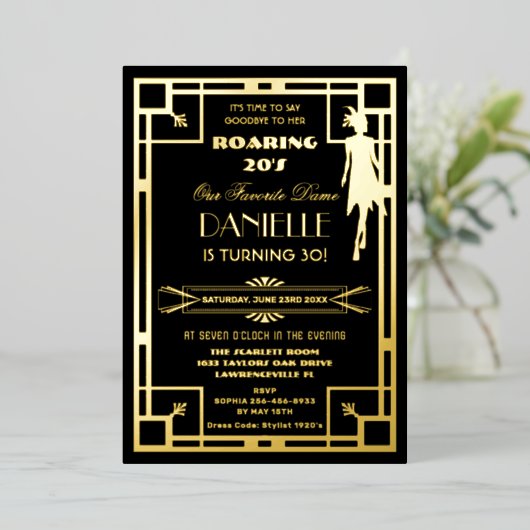 Art Deco Gatsby Roaring 20s 30th Birthday Real Folie Uitnodiging (Staand Voorkant)