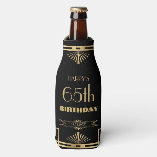 Art Deco Gatsby Roaring 20s Black Gold Verjaardag Flesjeskoeler (Fles Voorkant)