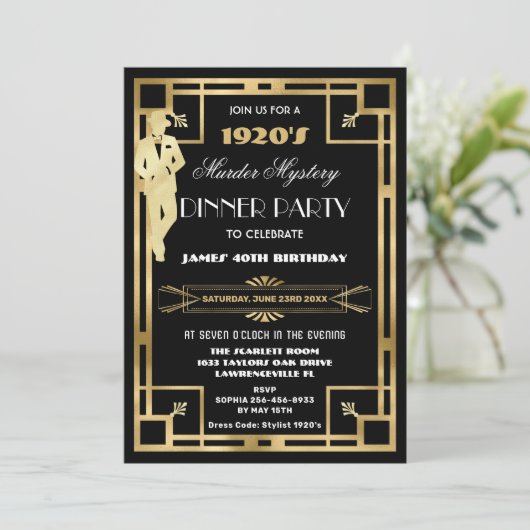 Art Deco Gatsby Roaring 20s Moordmysterie Feest Kaart (Staand voorkant)