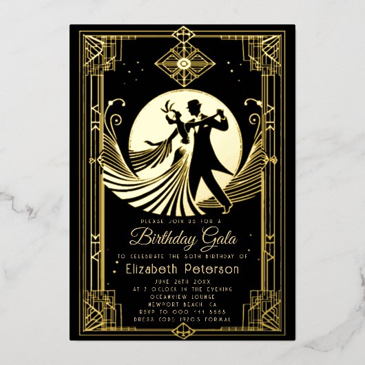 Art Deco Gatsby-verbod brullende 20-jarige verjaar Folie Uitnodiging (Voorkant)