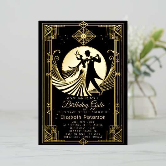 Art Deco Gatsby-verbod brullende 20-jarige verjaar Folie Uitnodiging (Staand Voorkant)