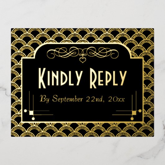 Art Deco Gatsby Wedding RSVP Real uit 1920 Folie Uitnodiging Briefkaart (Voorkant)
