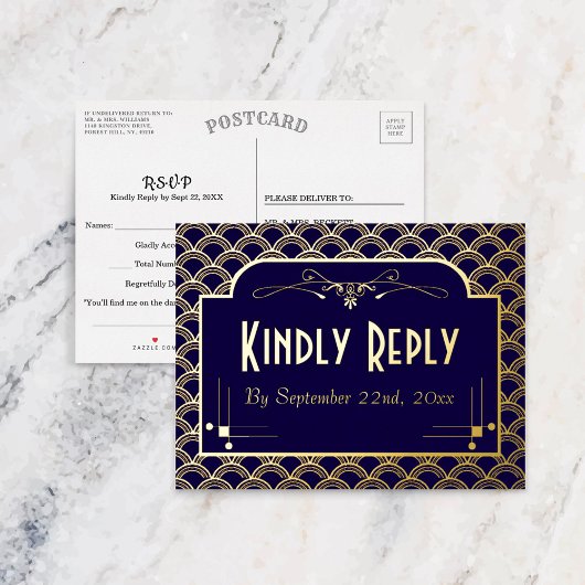  Art Deco Gatsby Wedding RSVP Real uit 1920 Folie Uitnodiging Briefkaart