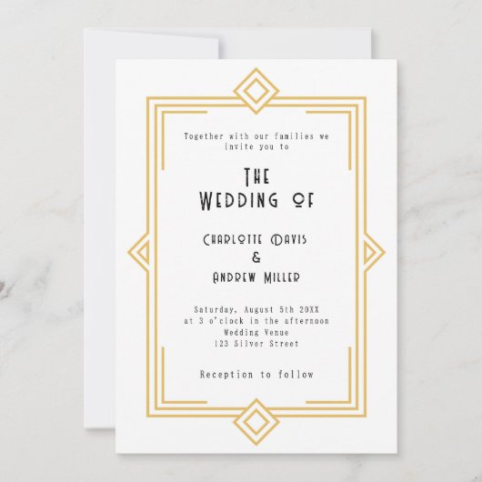 Art Deco Gatsby white gold wedding Kaart (Voorkant)
