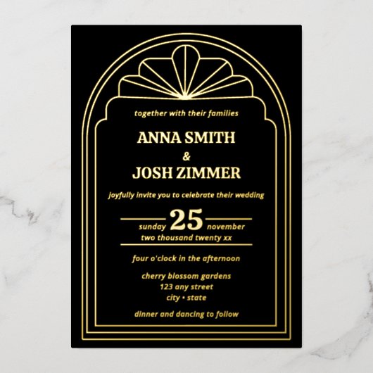 Art Deco Gatsby Zwart & Goud Bruiloft Folie Uitnodiging (Voorkant)