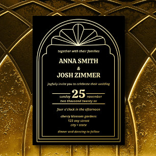 Art Deco Gatsby Zwart & Goud Trouwkaart Folie Uitnodiging