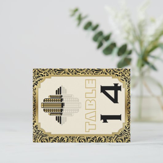 Art Deco gebouw zwart goud trouwtafel nummer Briefkaart (Staand voorkant)