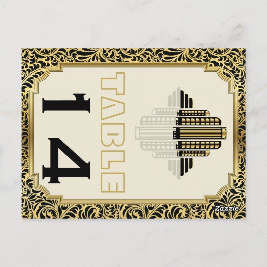 Art Deco gebouw zwart goud trouwtafel nummer Briefkaart (Achterkant)