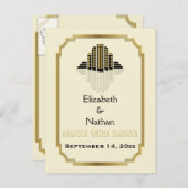 Art Deco gebouw zwart gouden bruiloft Save the Dat Aankondigingskaart (Voorkant / Achterkant)