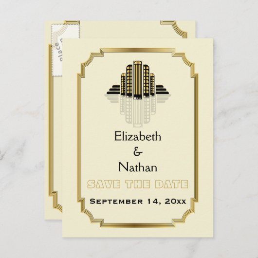 Art Deco gebouw zwart gouden bruiloft Save the Dat Aankondigingskaart (Voorkant / Achterkant)