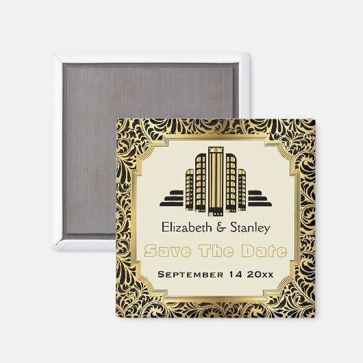 Art Deco gebouw zwart gouden bruiloft Save the Dat Magneet (Voorkant / Achterkant)