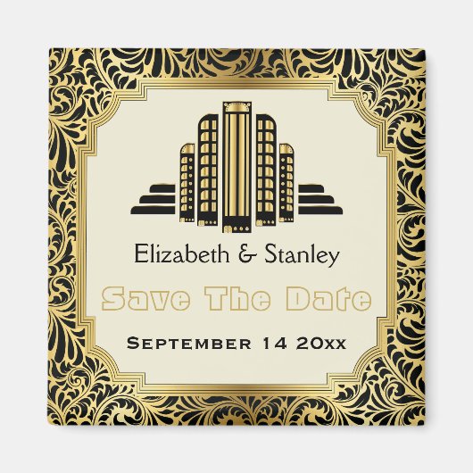 Art Deco gebouw zwart gouden bruiloft Save the Dat Magneet (Voorkant)