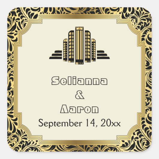 Art Deco gebouw zwart gouden bruiloft Save the Dat Vierkante Sticker (Voorkant)