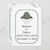 Art Deco gebouw zwart munt bruiloft Save the Date Aankondigingskaart (Voorkant / Achterkant)