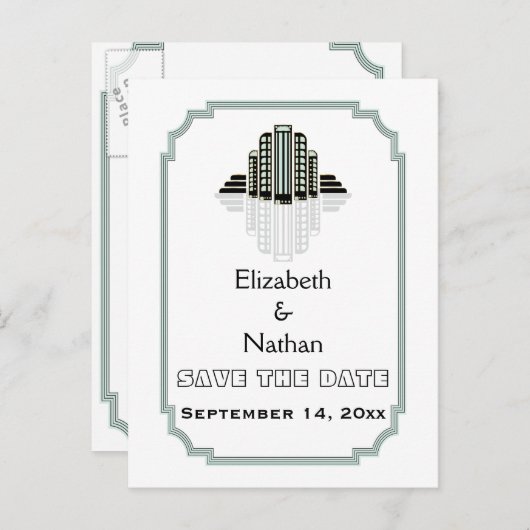 Art Deco gebouw zwart munt bruiloft Save the Date Aankondigingskaart (Voorkant / Achterkant)