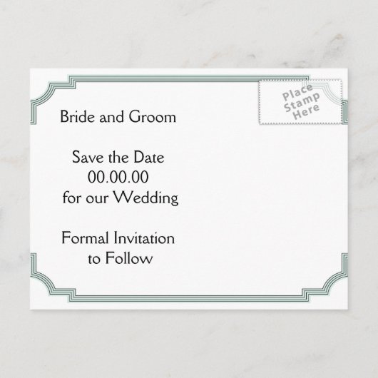 Art Deco gebouw zwart munt bruiloft Save the Date Aankondigingskaart (Achterkant)