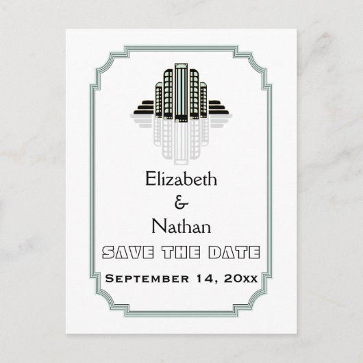 Art Deco gebouw zwart munt bruiloft Save the Date Aankondigingskaart (Voorkant)