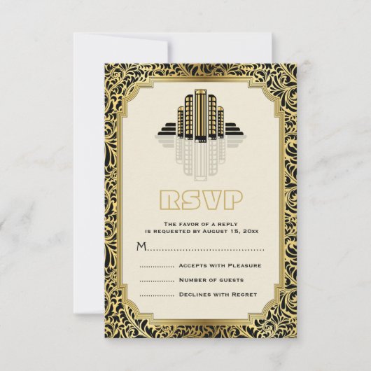 Art Deco gebouwen zwart, goud bruiloft RSVP (Voorkant)