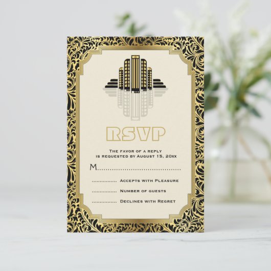 Art Deco gebouwen zwart, goud bruiloft RSVP (Staand voorkant)