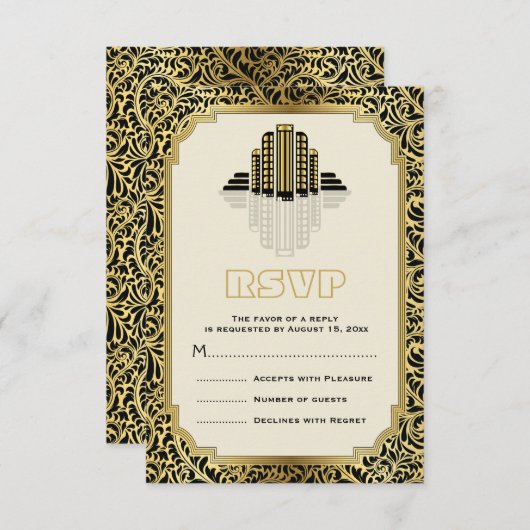 Art Deco gebouwen zwart, goud bruiloft RSVP (Voorkant / Achterkant)