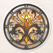 Art Deco Gebrandschilderd Glas Bloem Geel Bruin Or Ronde Kartonnen Onderzetter (Voorkant)