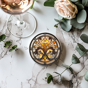 Art Deco Gebrandschilderde Bloem Geel Bruin Oranje Ronde Kartonnen Onderzetter