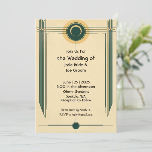Art deco geel groen bruiloft uitnodiging (Staand voorkant)