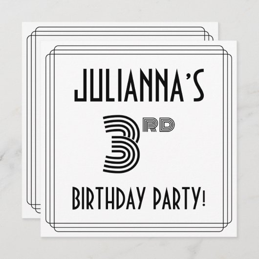 Art Deco Geïnspireerd 3rd Birthday Party, aangepas Kaart (Voorkant / Achterkant)