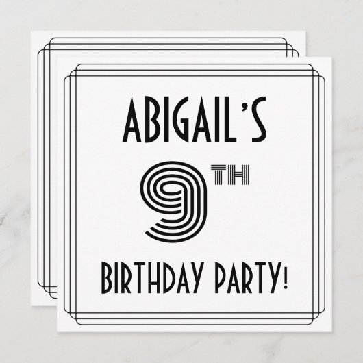 Art Deco Geïnspireerd 9th Birthday Party, aangepas Kaart (Voorkant / Achterkant)
