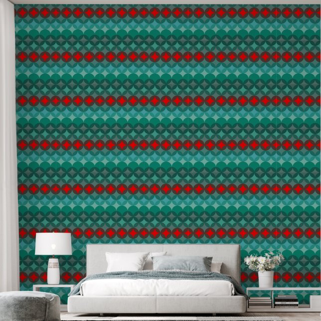 Art Deco Geïnspireerd blauwgroen & rood abstract Behang (Slaapkamer)