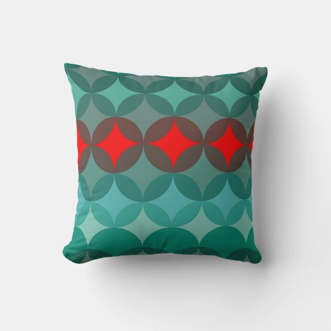 Art Deco Geïnspireerd blauwgroen & rood abstract Kussen (Voorkant)