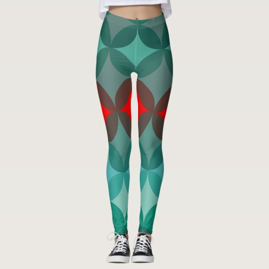 Art Deco Geïnspireerd blauwgroen & rood abstract Leggings (Voorkant)