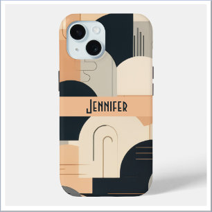 Art Deco geïnspireerd ontwerp in perzik en zwart iPhone 15 Case