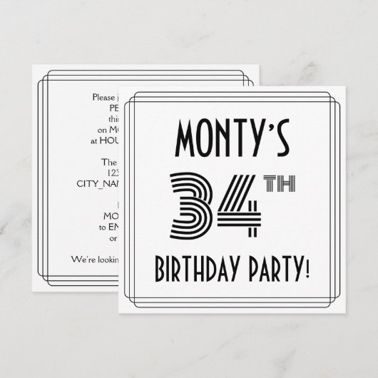 Art Deco geïnspireerd op 34e verjaardag, aangepast Kaart (Voorkant / Achterkant)