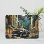  Art Deco-geïnspireerde auto onder maanlicht Feestdagenkaart (Staand voorkant)