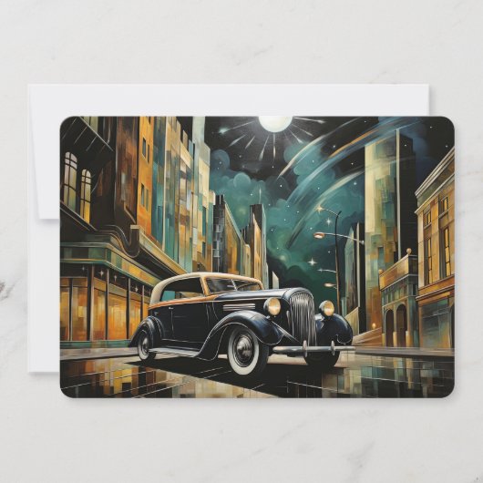  Art Deco-geïnspireerde auto onder maanlicht Feestdagenkaart (Voorkant)