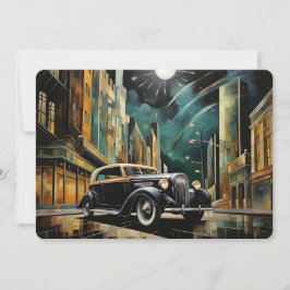 Art Deco-geïnspireerde auto onder maanlicht Feestdagenkaart