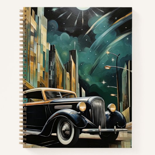Art Deco-geïnspireerde auto onder maanlicht Notitieboek (Voorkant)