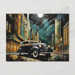 Art Deco geïnspireerde vintage auto onder maanlich Briefkaart