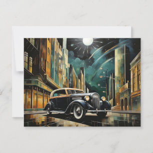 Art Deco geïnspireerde vintage auto onder maanlich Briefkaart