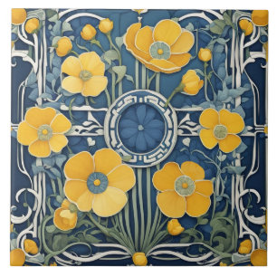 Art Deco Gele Bloemen Art Nouveau Blauwe Bloemen Tegeltje