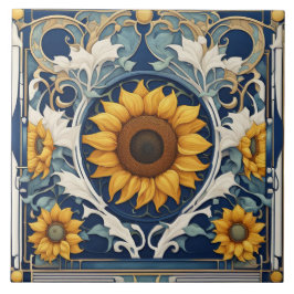 Art Deco Gele Zonnebloemen Art Nouveau Blauw Tegeltje