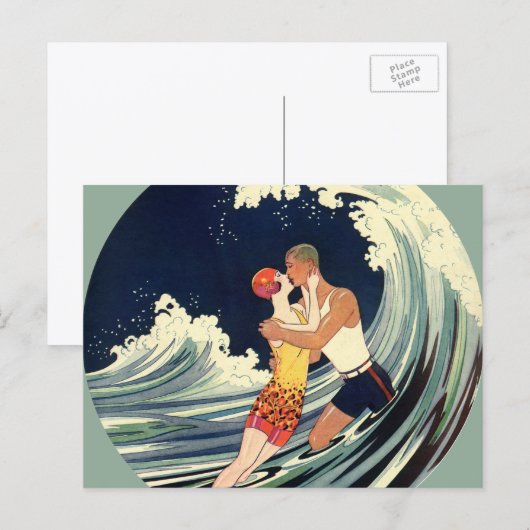 Art Deco, Geliefden kussen op het strand Briefkaart (Voorkant / Achterkant)