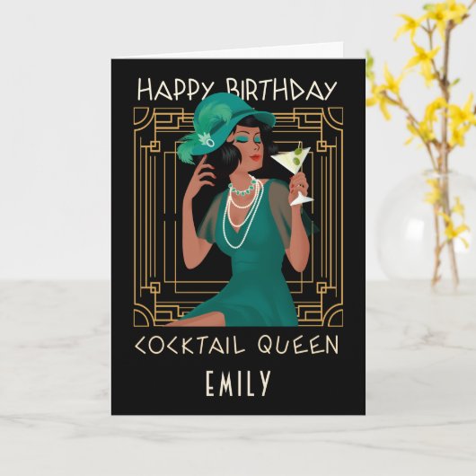 Art Deco Gelukkige Verjaardag Cocktail Queen Zwart Kaart (Gele Bloem)
